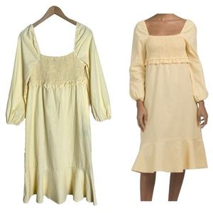 7 For All Mankind Midi Dress Puff Sleeves Smocked Linen Fit & Flare Size Medium